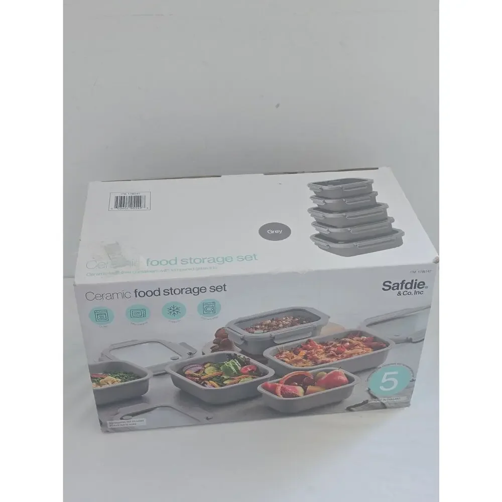 Safdie & Co 10-Piece Ceramic Food Storage Set Gray Glass Lids Open Box NEW